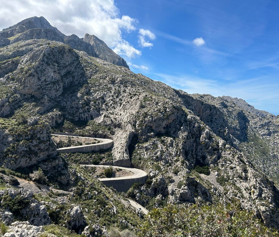 Hairpin bends on the Coll des Reis climb above Sa Calobra, Mallorca